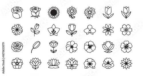 Flower head line art icon bundle illustration