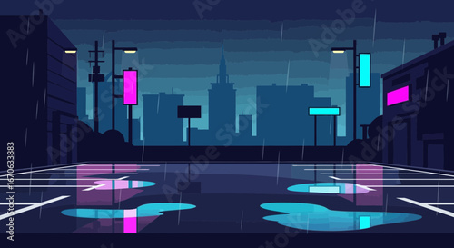 Urban Rain Scene With Neon Reflections In Puddles On A Parking Lot