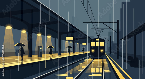 Urban rain scene featuring a train station and people with umbrellas, creating a moody atmosphere with stylized illustration style