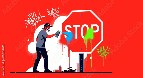 Urban Vandalism Illustrative Graffiti Artist Spraying a Stop Sign