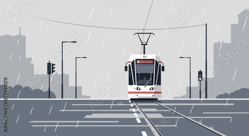Urban Tramway Scene In The City During A Rainstorm In Muted Colors
