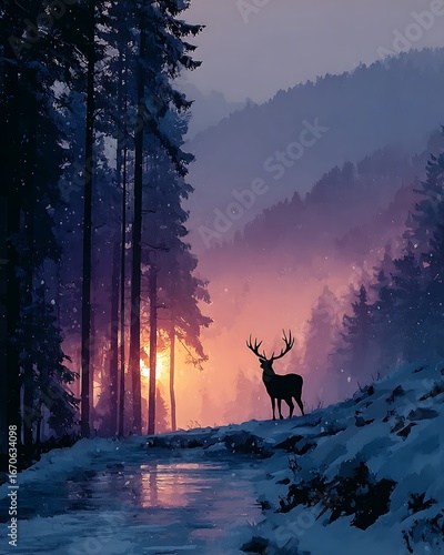 Misty forest sunrise with majestic stag high resolution picture