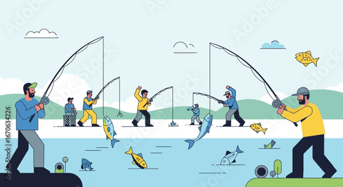 Various Fishermen Angling Catching Fish At Sea In Different Fishing Positions