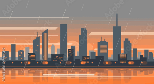 Vector Cityscape At Sunset In The Rain Urban Silhouette Illustration