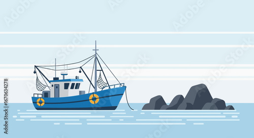 Vector illustration depicting a fishing boat sailing near rocks with a calming blue sea background offering a peaceful coastal view