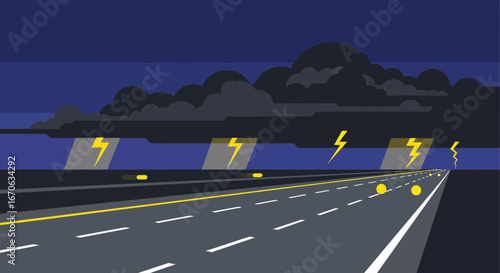 Vector illustration depicting a stormy night on a desolate highway with dark clouds