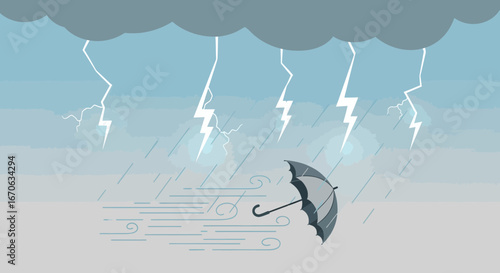 Vector illustration depicting a severe thunderstorm with rain and umbrella during a storm