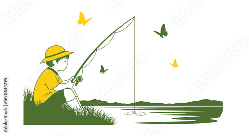 Vector illustration of a boy fishing by the lake, surrounded by butterflies and nature's tranquility