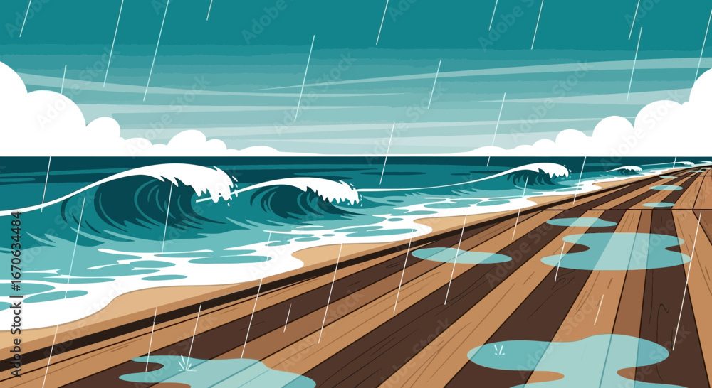 Obraz premium Vector illustration of a rainy day at the beach with waves and wooden pier providing a serene yet melancholic atmosphere
