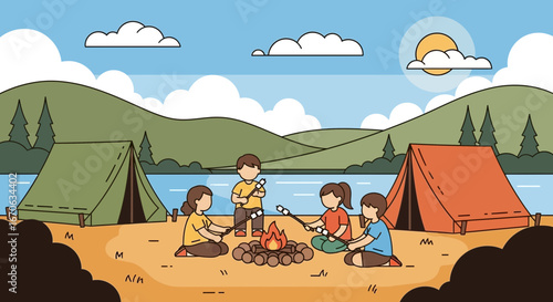 Vector illustration of a group of friends camping and roasting marshmallows outdoors  around a campfire near a lake