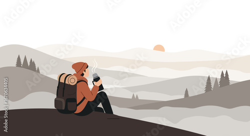 Vector illustration of a hiker enjoying a coffee break overlooking mountain landscape at sunset relaxation and nature