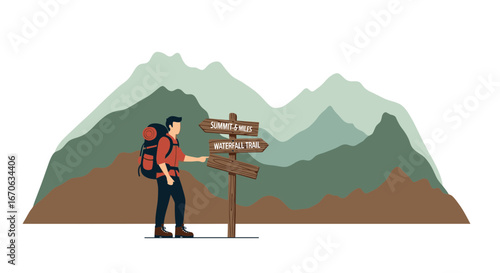 Vector illustration of a hiker at a crossroads with mountain views depicting adventure and exploration in nature outdoor activity