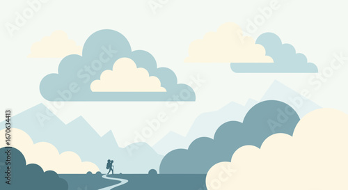 Vector Illustration of a Hiker in a Mountain Landscape Under a Cloudy Sky Adventure