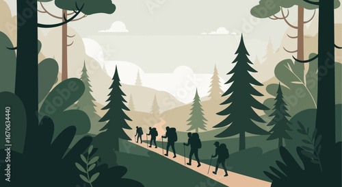 Vector illustration of a hiking adventure through nature perfect for outdoor enthusiasts and travel advertisements and tourism promotions