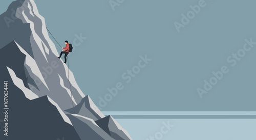 Vector illustration of a man climbing a mountain with a rope challenges the rocky terrain and celebrates human achievement