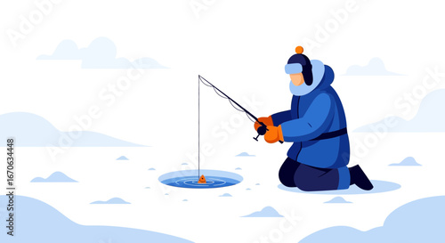 Vector illustration of a man ice fishing on a frozen lake in winter season