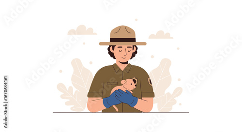 Vector illustration of a park ranger holding a rescued mouse with kindness and love in a bright environment setting