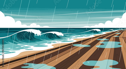 Vector illustration of a rainy day at the beach with waves and wooden pier providing a serene yet melancholic atmosphere