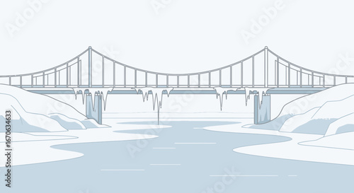 Vector Illustration Of A Winter Landscape With A Bridge And Icicles