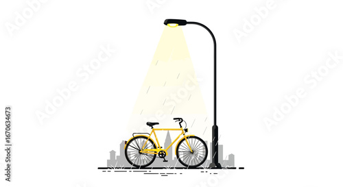 Vector illustration of a yellow bicycle parked under a street light on a rainy day creating a serene urban scene