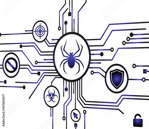Illustration of cyber threat detection with shield, lock, and spider icons
