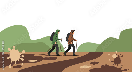 Vector Illustration Of Two People Hiking On A Muddy Trail With Hiking Poles