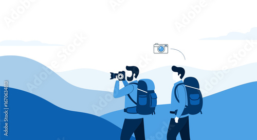 Vector illustration of two male tourists with backpacks taking photos outdoors in mountains landscape with camera icon