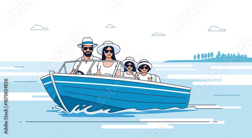 Vector illustration showcasing a family boat trip on a sunny day with calm waters