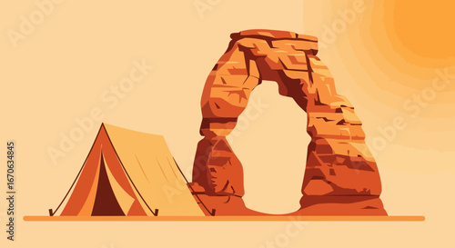 Vector illustration showcasing a tent near a sandstone arch in the desert landscape under the sun, minimal style, camping