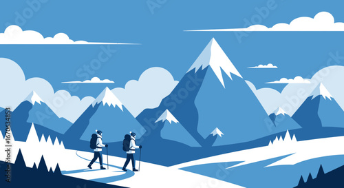 Vector illustration showcasing two hikers amidst a vast mountain landscape with a calming blue color palette