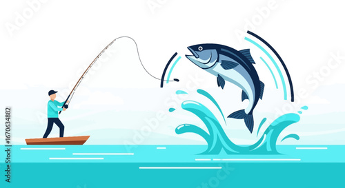 Vector illustration showing a fisherman catching big fish jumping out of the sea water