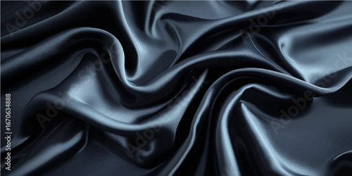 Elegant black satin and silk fabric backgrounds with a soft, wavy texture for luxury decoration and fashion