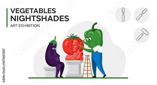 Vegetable Art Sculpture: Pepper Carving Tomato Bust With Aubergine Observation