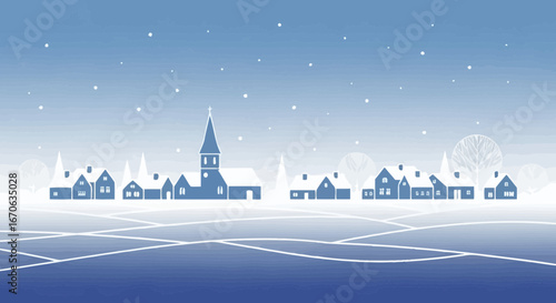 Vector Winter Landscape With Church And Cottages In The Blue Hour