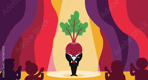 Vegetable Star Performer: Cartoon Beetroot Bowing on Stage at Theater