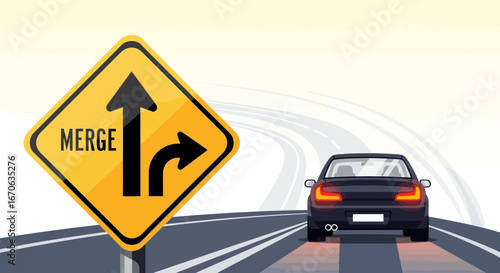 Vehicle Approaching Merge Sign On Highway, Illustration Driving Safety Concept