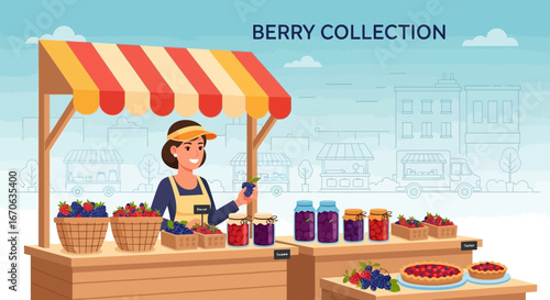 Vendor Selling Berry Jam And Fresh Fruit At An Outdoor Market