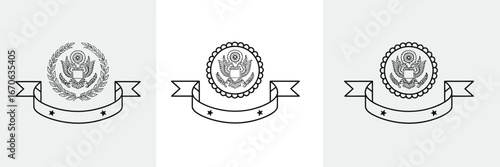 Three emblems with eagle designs and banners on a white background in a line formation view