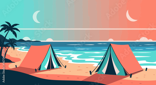 Vibrant beach camping illustration featuring tents, palms, and serene moonlight