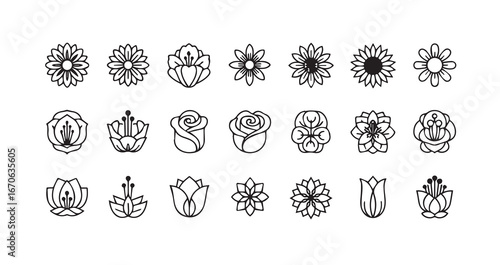 Flower head line art icon bundle illustration
