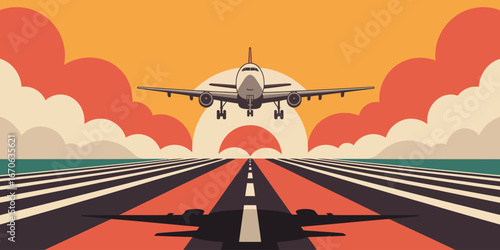 Airplane landing on runway with sunset and clouds in the background in a stylized art illustration