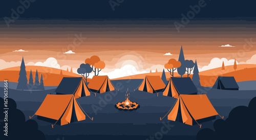 Vibrant Camping Illustration With Tents And Campfire In A Beautiful Natural Setting