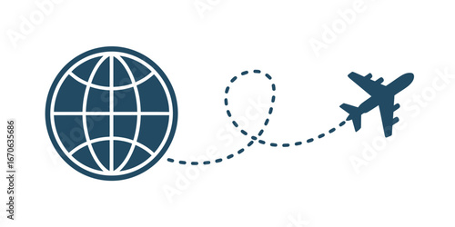A graphic illustration of a globe with an airplane flying away from it on a dotted line path