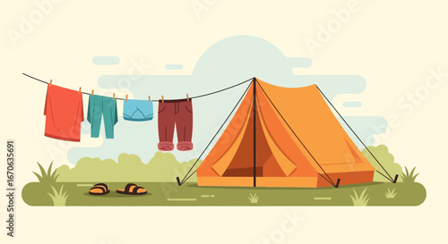 Vibrant Camping Scene With Clothesline And Tent Under A Summer Sky