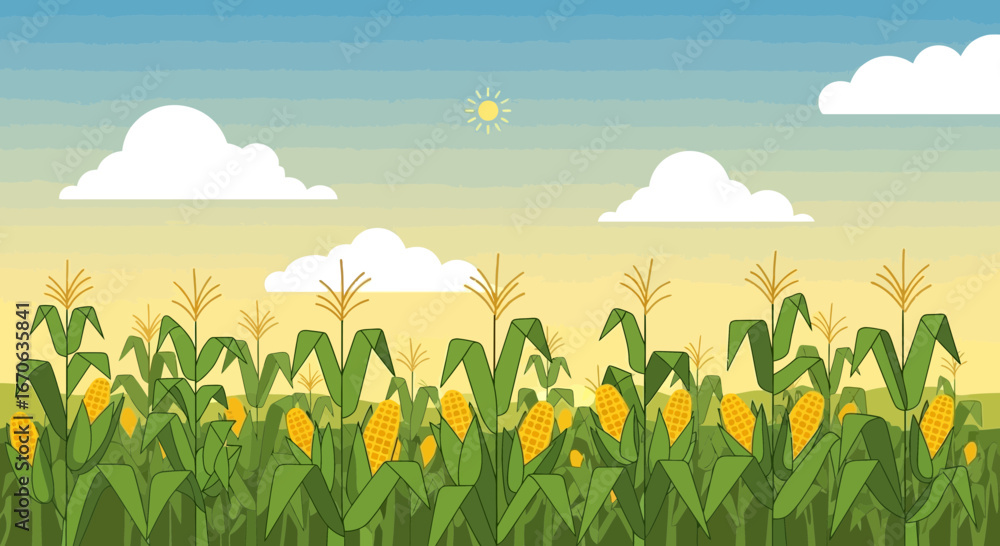 Obraz premium Vibrant Cornfield Landscape With Clear Skies And Sunshine Illustration