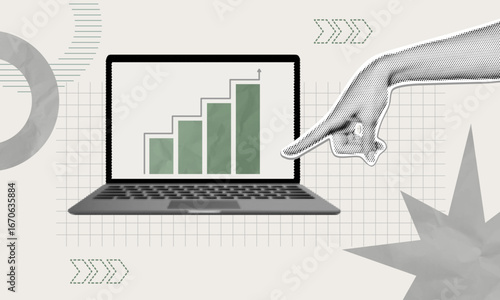Halftone collage vector illustration of business growth strategy with upward graph on laptop screen, technology solutions, digital analytics and modern management concept