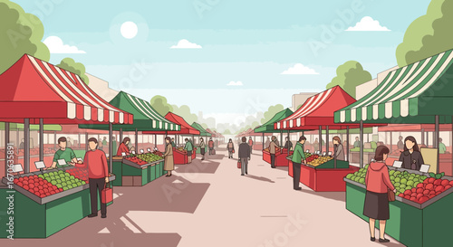 Vibrant Farmers Market Scene With People Shopping For Fresh Produce Outdoor