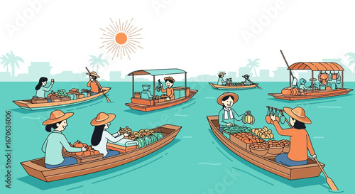 Vibrant Floating Market Scene With Vendors In Traditional Boats Selling Wares