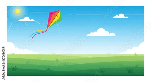 Vibrant Kite Ascending Above Rolling Green Landscape On Sunny Day