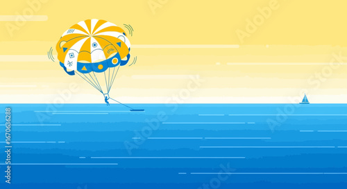 Vibrant Parasailing Adventure At Sunset Over the Blue Waters At Tropical Destination